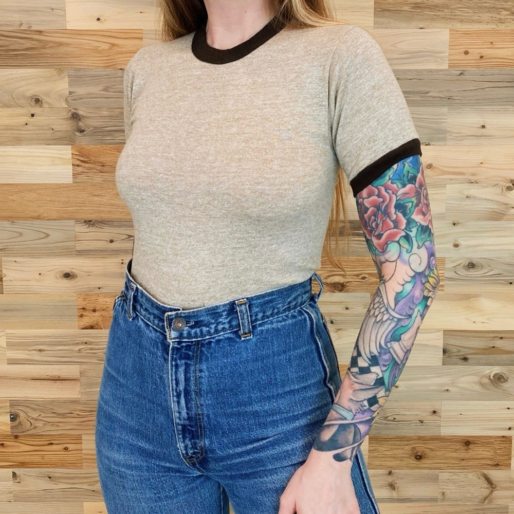 70s Soft Vintage Ringer Tee Shirt in Coffee & Oatmeal Heather - Size XS-XS/Small